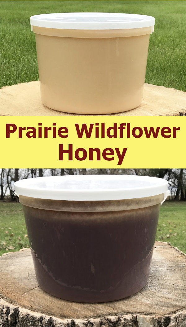 pail of light colored honey, and pail of dark colored honey with text reading prairie wildflower honey