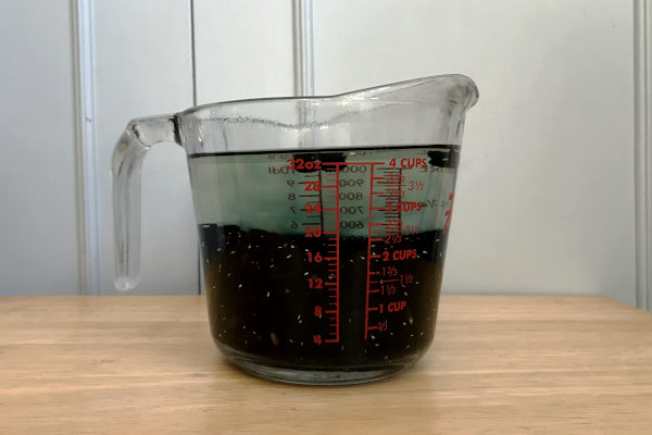 black beans soaking in water in a measuring cup