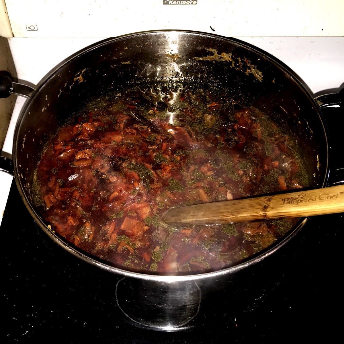 large pot of beet soup ready to eat
