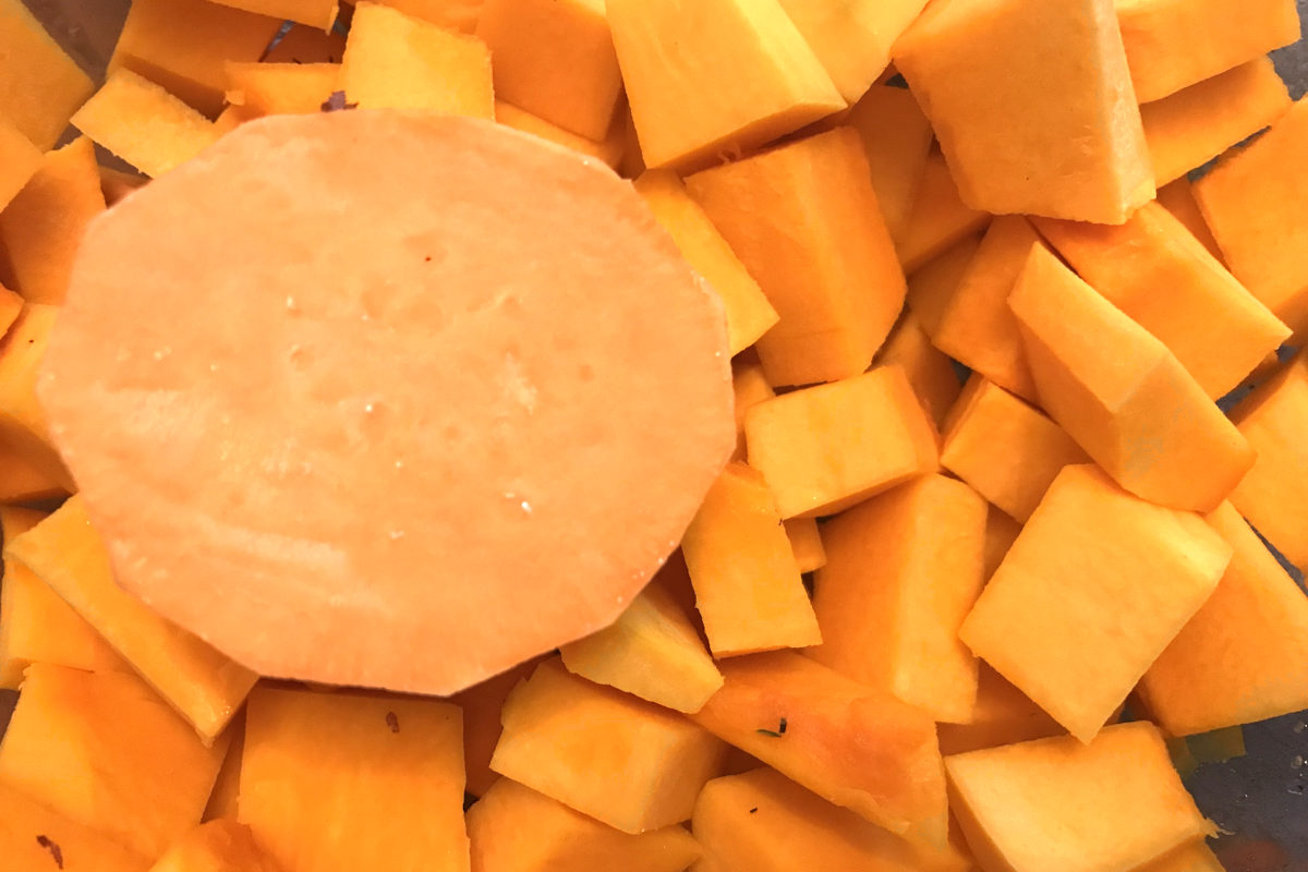 cubed buttercup squash and sliced sweet potato