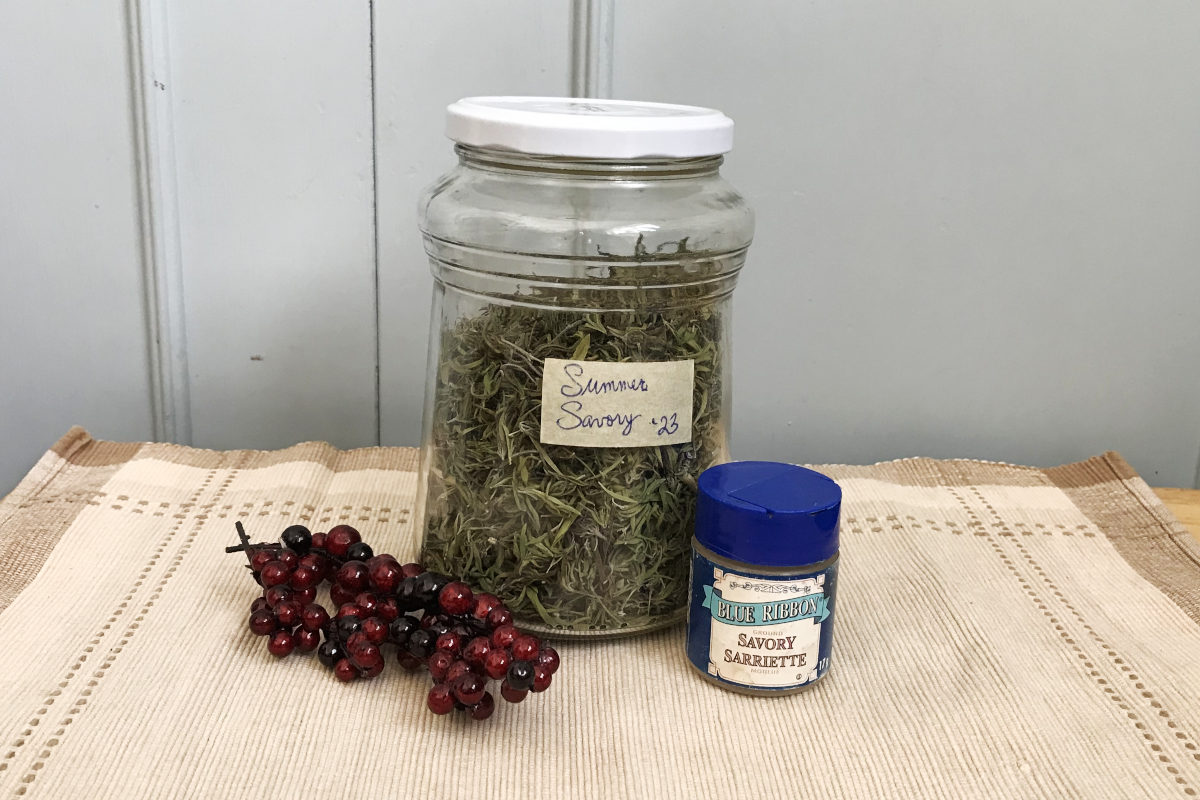 a quart jar of dried summer savory and a small vintage jar of Blue Ribbon savory