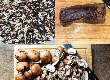 wild rice mix, seared roast and cremini mushrooms on cutting board