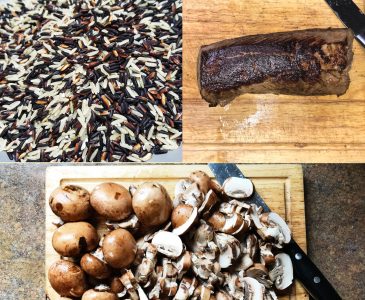 wild rice mix, seared roast and cremini mushrooms on cutting board
