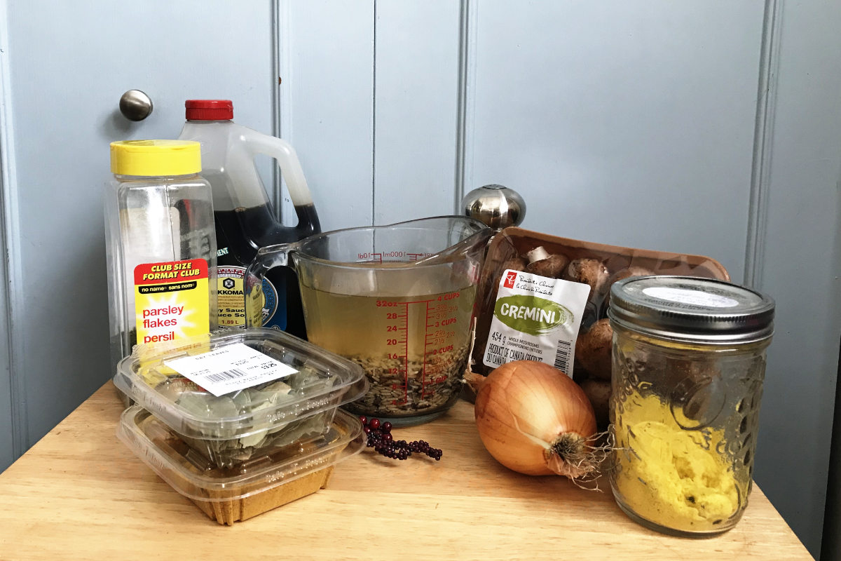 ingredients for Ultimate Wild Rice Bake gathered on table