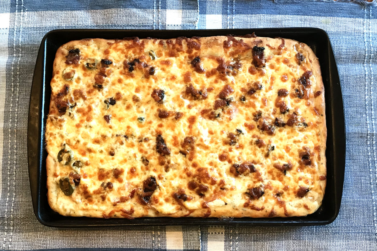 homemade pizza in a cookie sheet