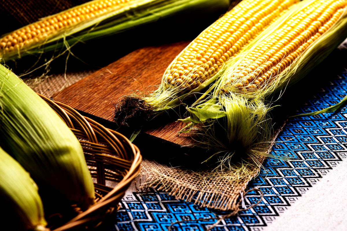 Corn on the cob on wooden cutting board