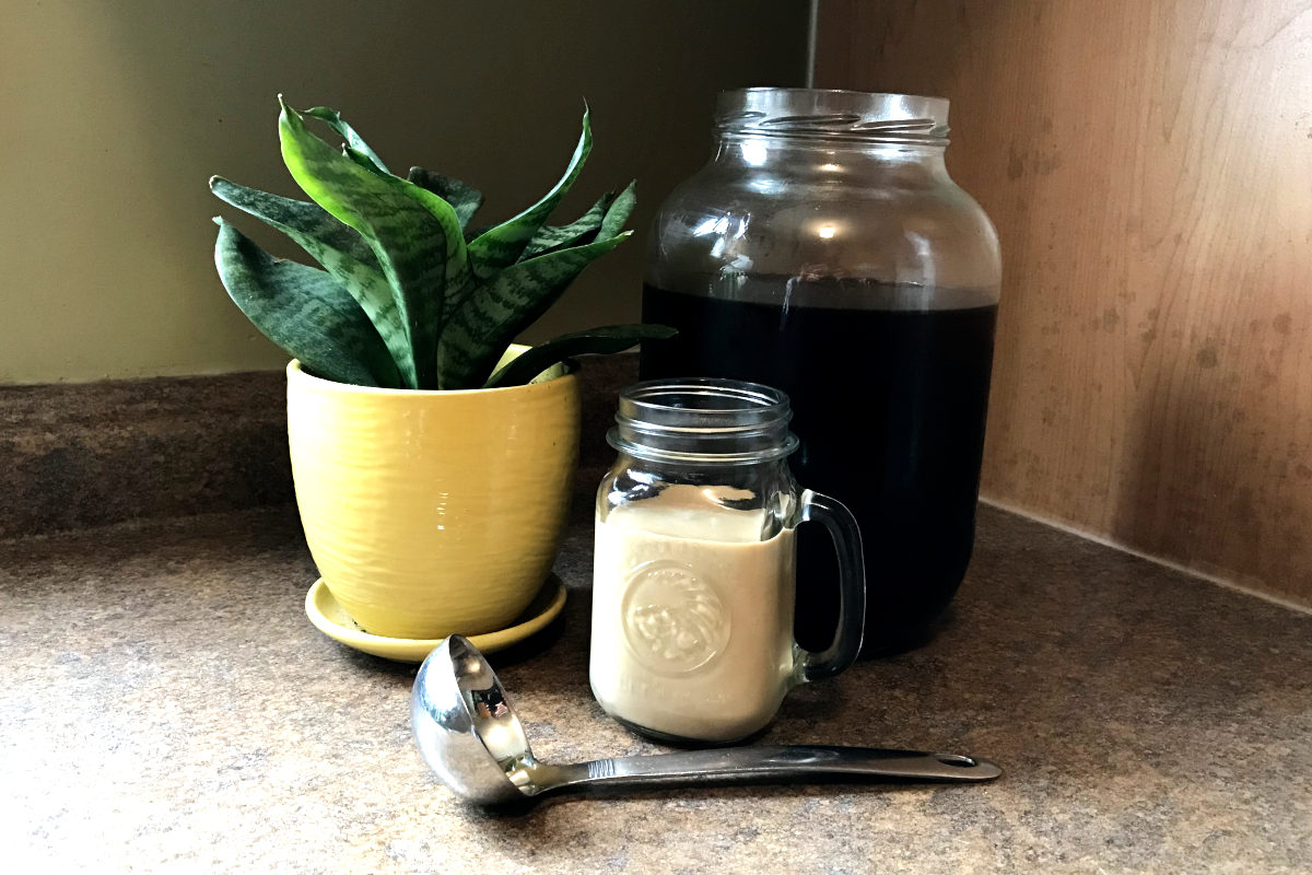 Mug of cold brew coffee with milk, and large jar of cold brew coffee, and potted plant