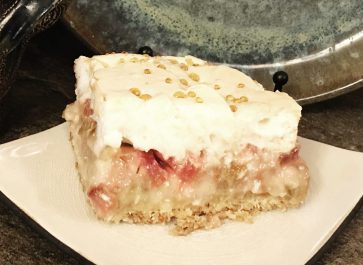 piece of rhubarb dessert on white plate