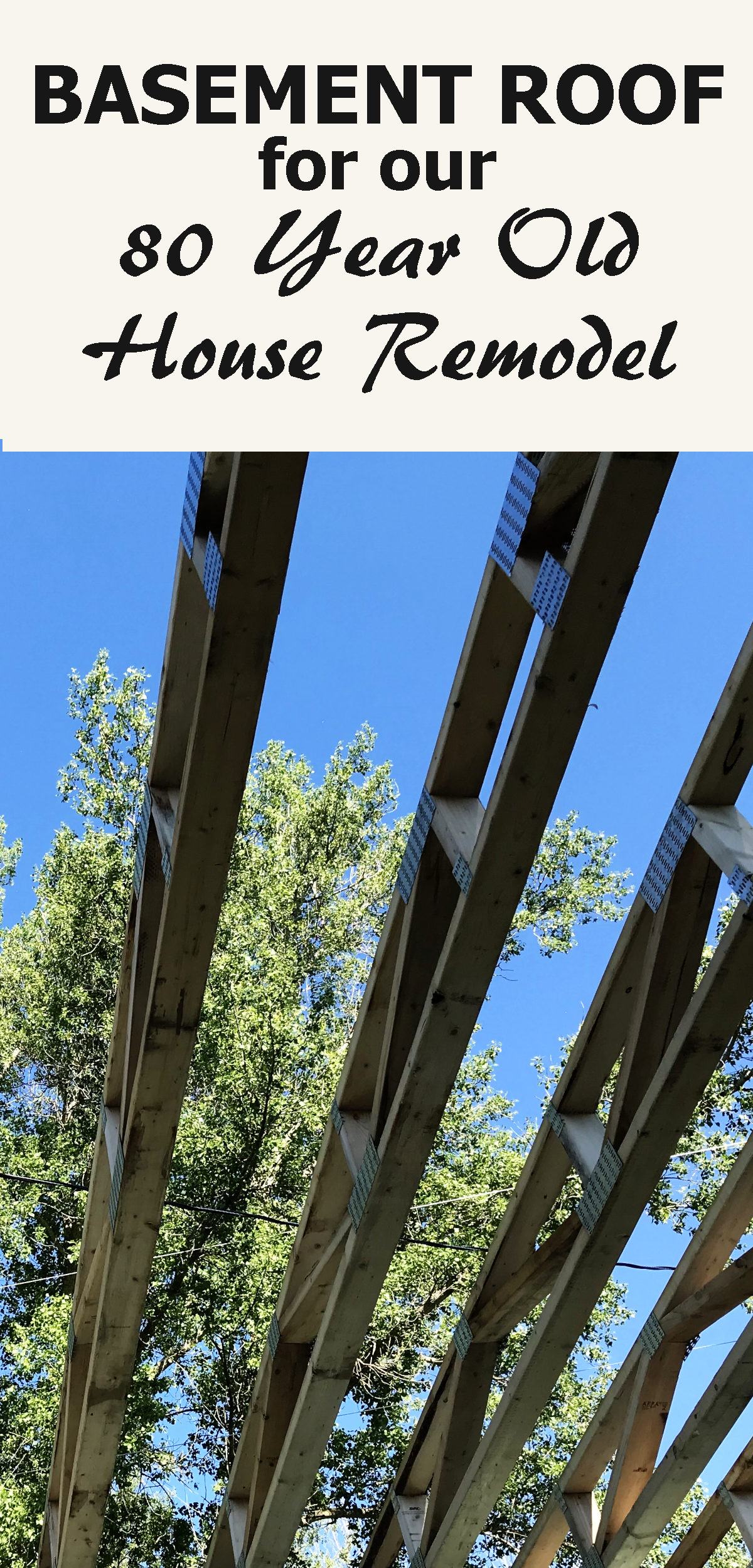 picture of looking up through the floor joists at the trees and sky with text reading basement roof for our eighty year old house remodel