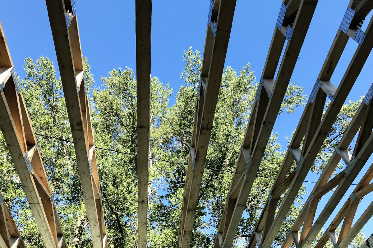 View of open web floor joists looking up to blue sky and trees