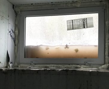 water halfway up windows in window wells of old house remodel. Frog in water.