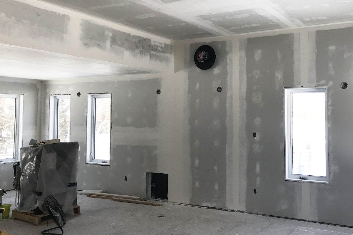 drywall plus mud and tape, with sunlight shining in the windows