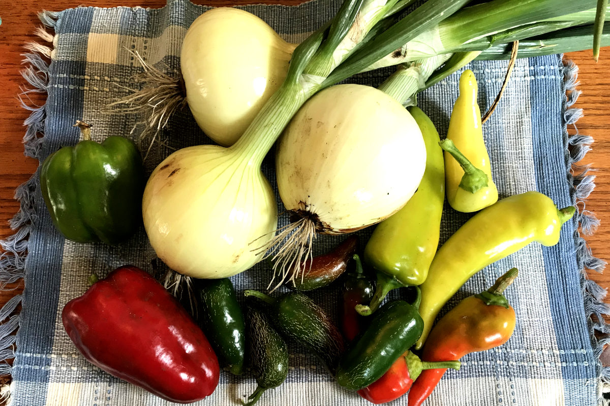 large onions, sweet peppers and jalapenos on a blue placemat
