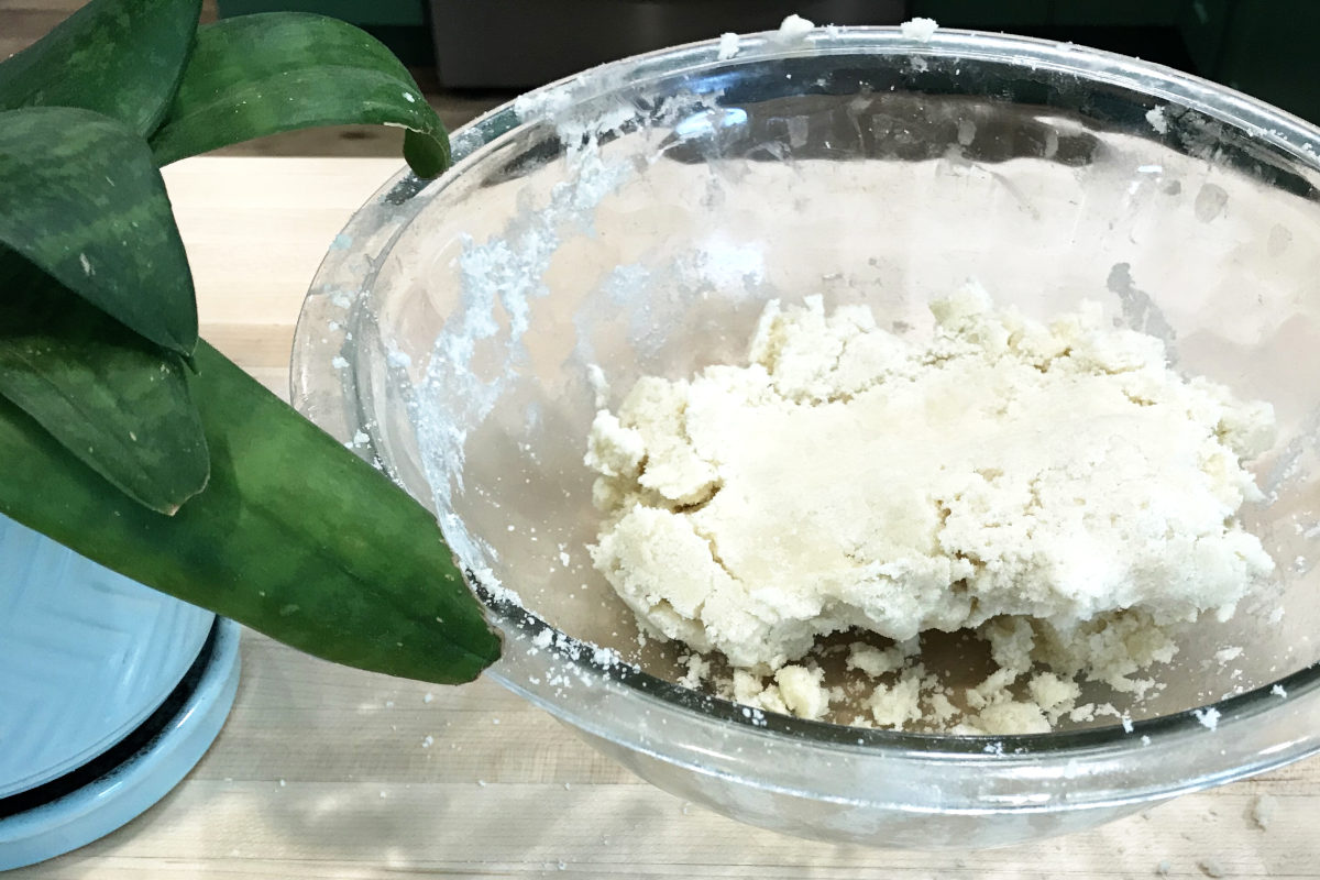 streusal crumble for platz in a rough ball in a bowl and a plant