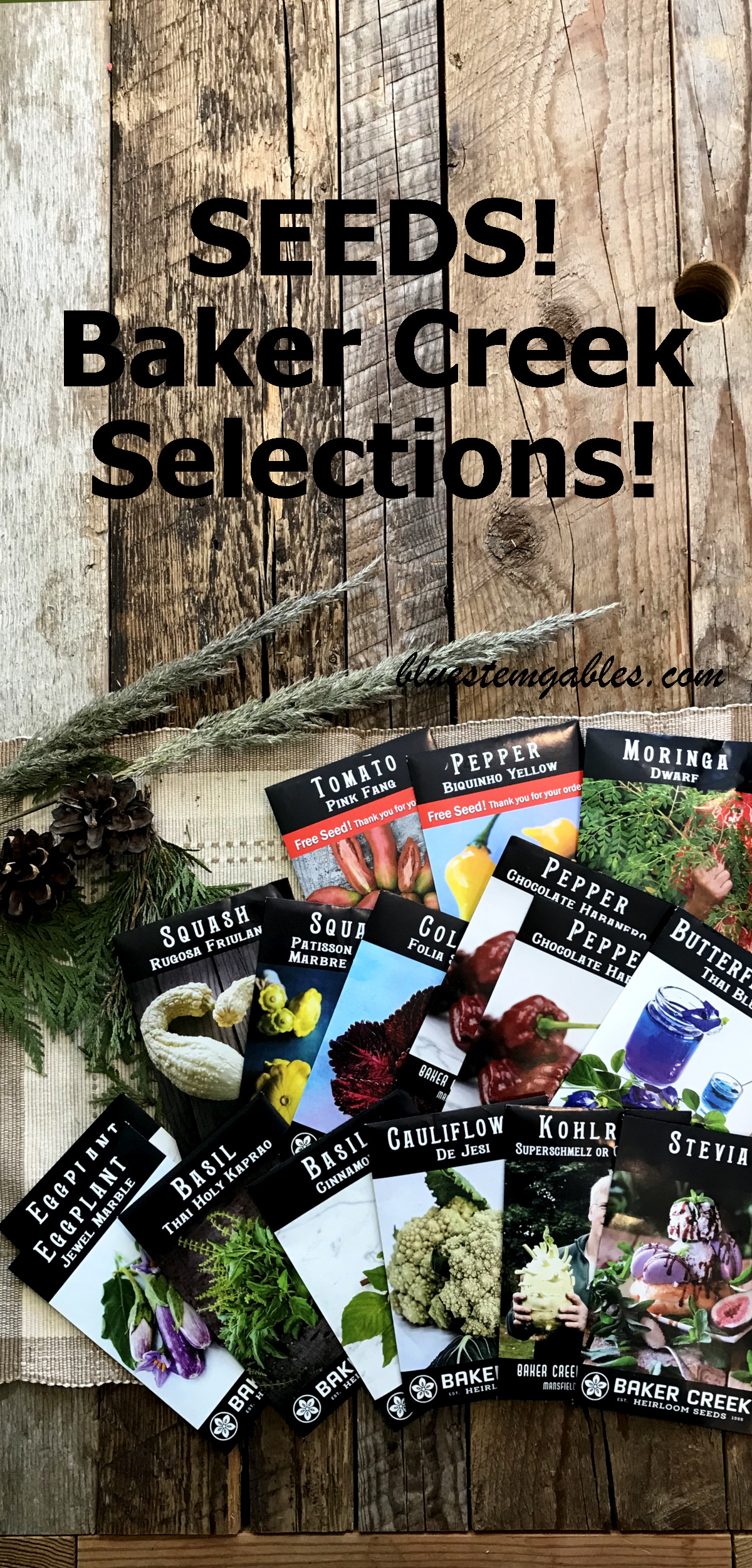 Baker Creek seed packets displayed on weathered wood planks