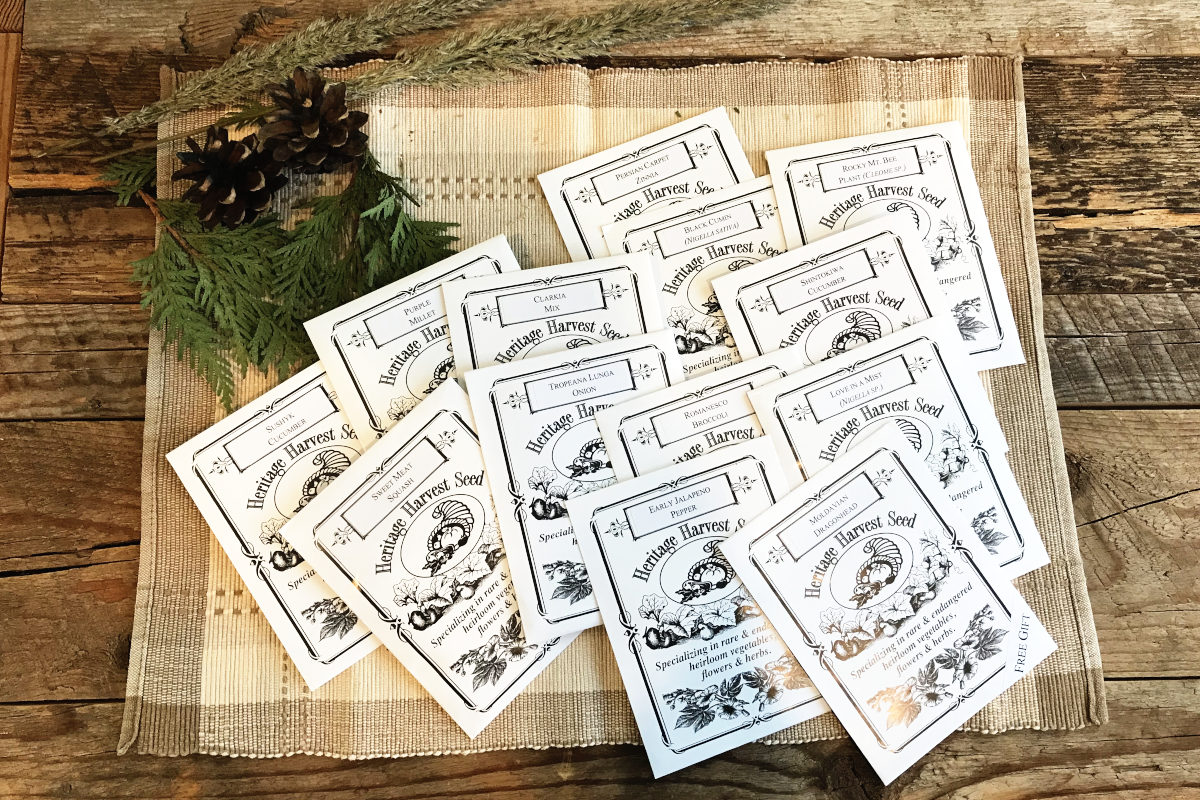 Heritage Harvest Seed packets  displayed on weathered wood planks