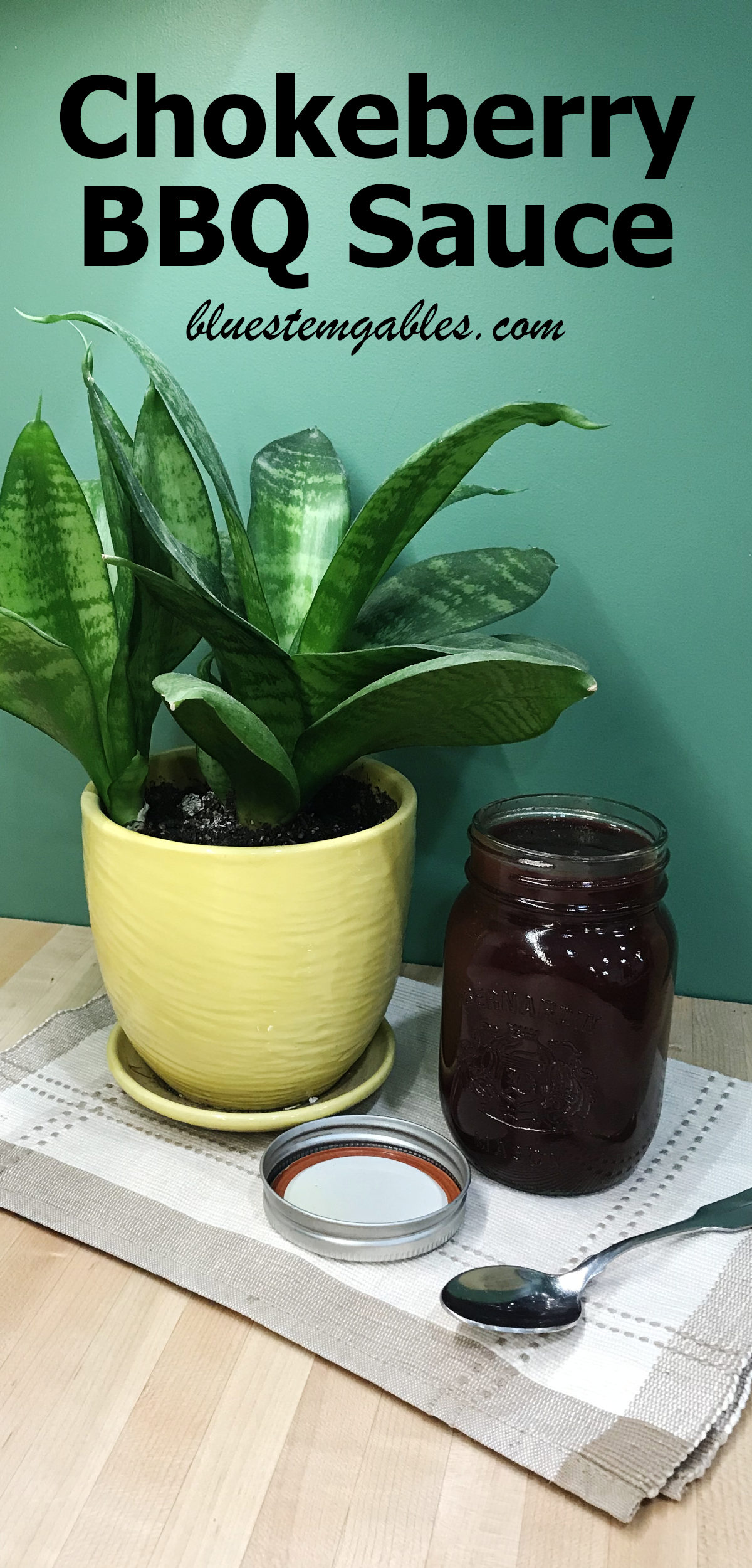picture of a jar of chokecherry BBQ sauce in a jar with a spoon and snake plant on a place mat on butcher block counter