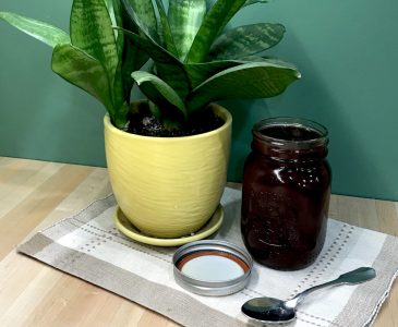 chokecherry BBQ sauce in a jar with a spoon and snake plant on a place mat on butcher block counter