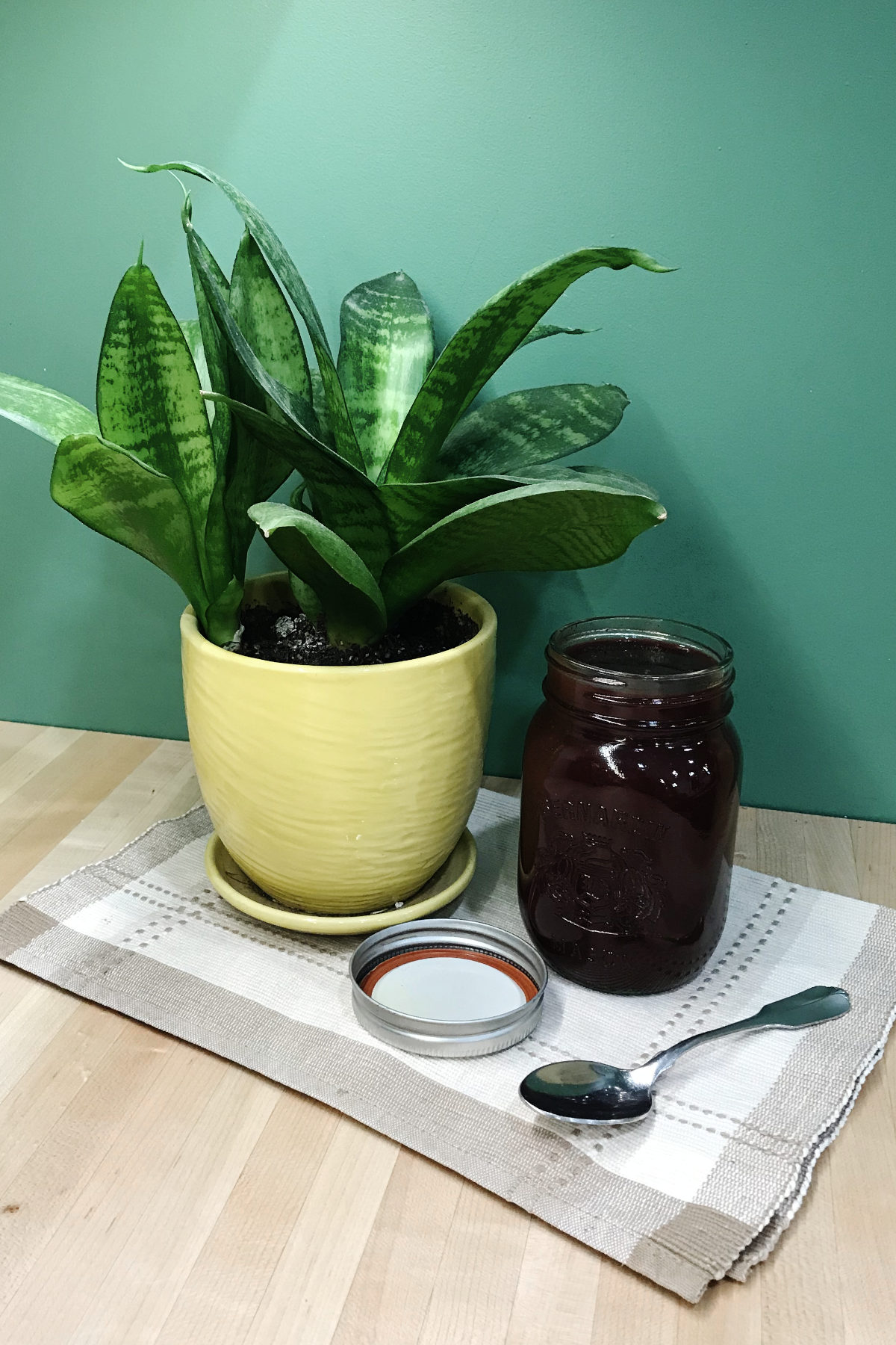 Jar of chokecherry BBQ sauce with spoon and snake plant on a place-mat on butcher-block.