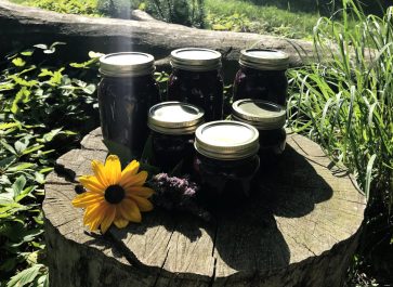 jars of chokecherry syrup on a stump with flowers