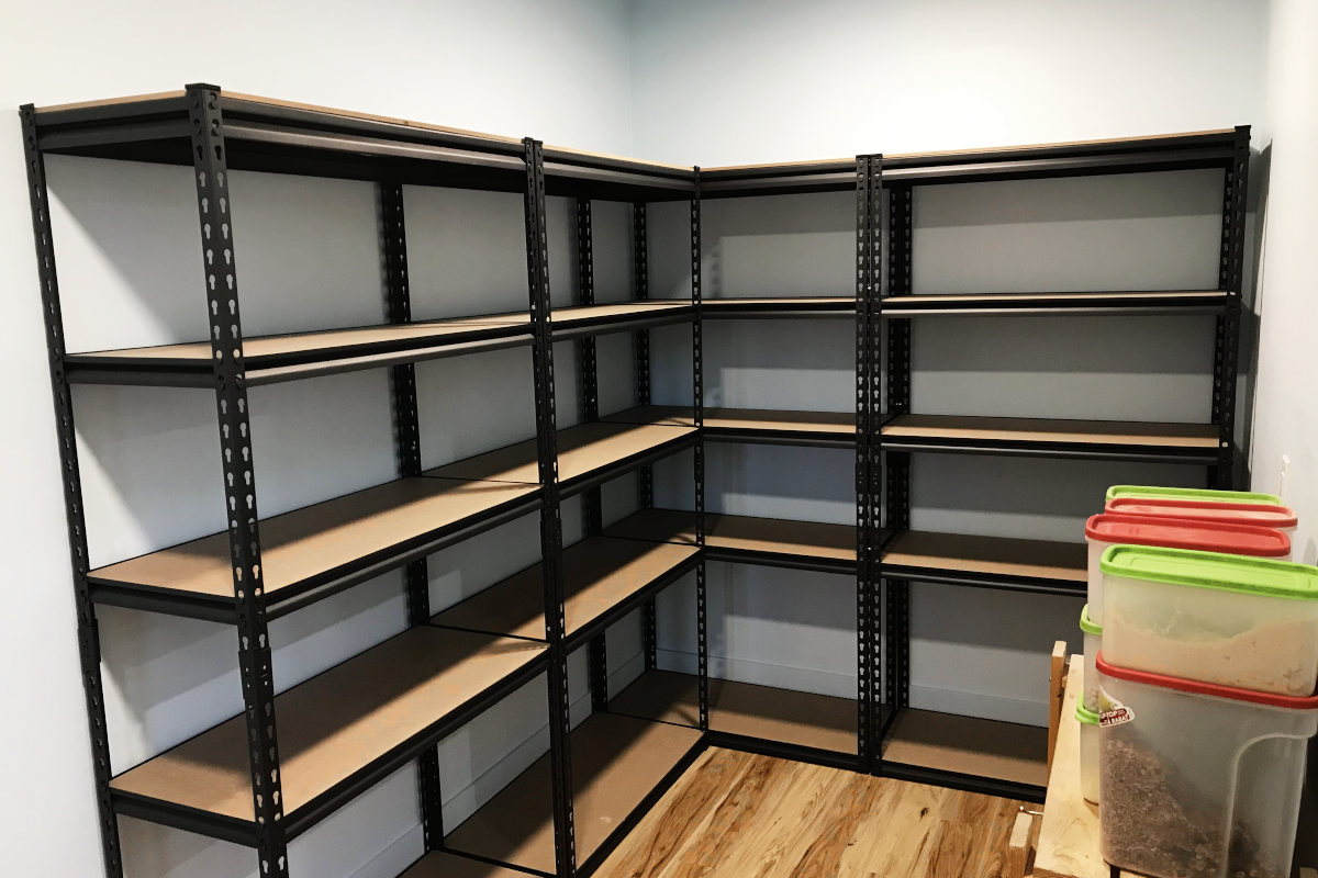 assembled shelving units in the pantry.