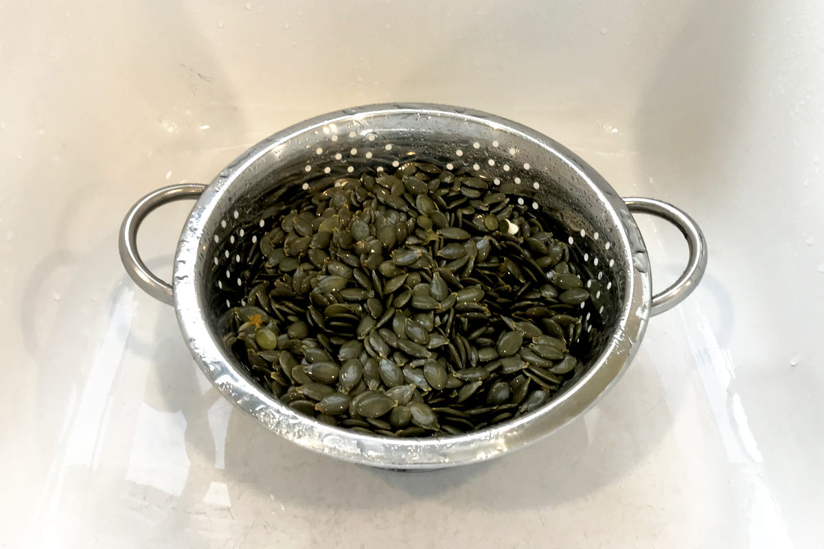 hulless pumpkin seeds aka pepitas in a metal colander in a white sink