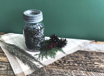 jar of hulless pumpkin seeds on placemat on weathered boards with greenery