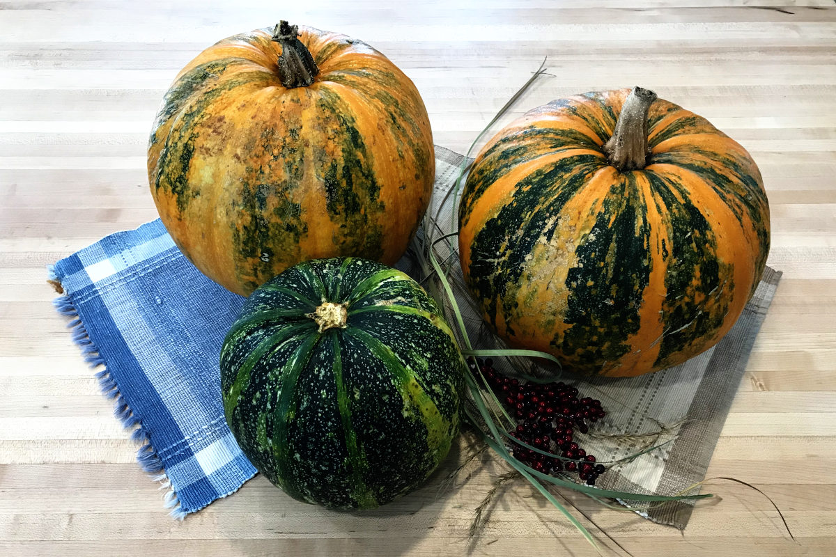 Styrian hulless pumpkins on placemats on butcherblock