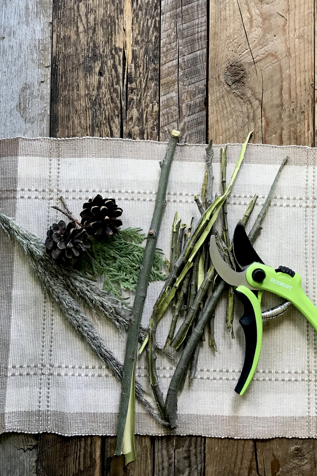 strips of willow bark with pruners on place mat with greenery on weathered wood