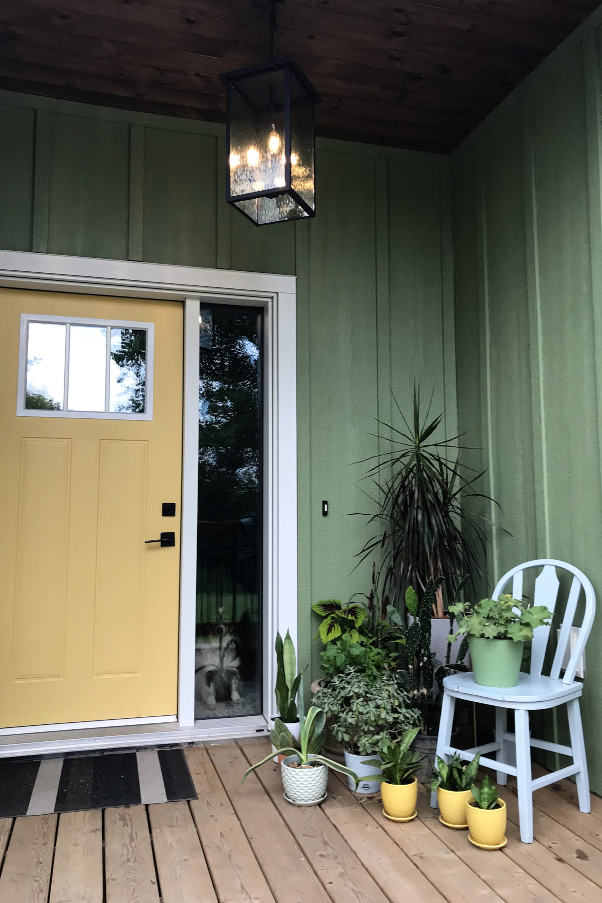 New siding on entrance with yellow door, tongue and groove ceiling, hanging square pendant, lots of plants and an old chair.