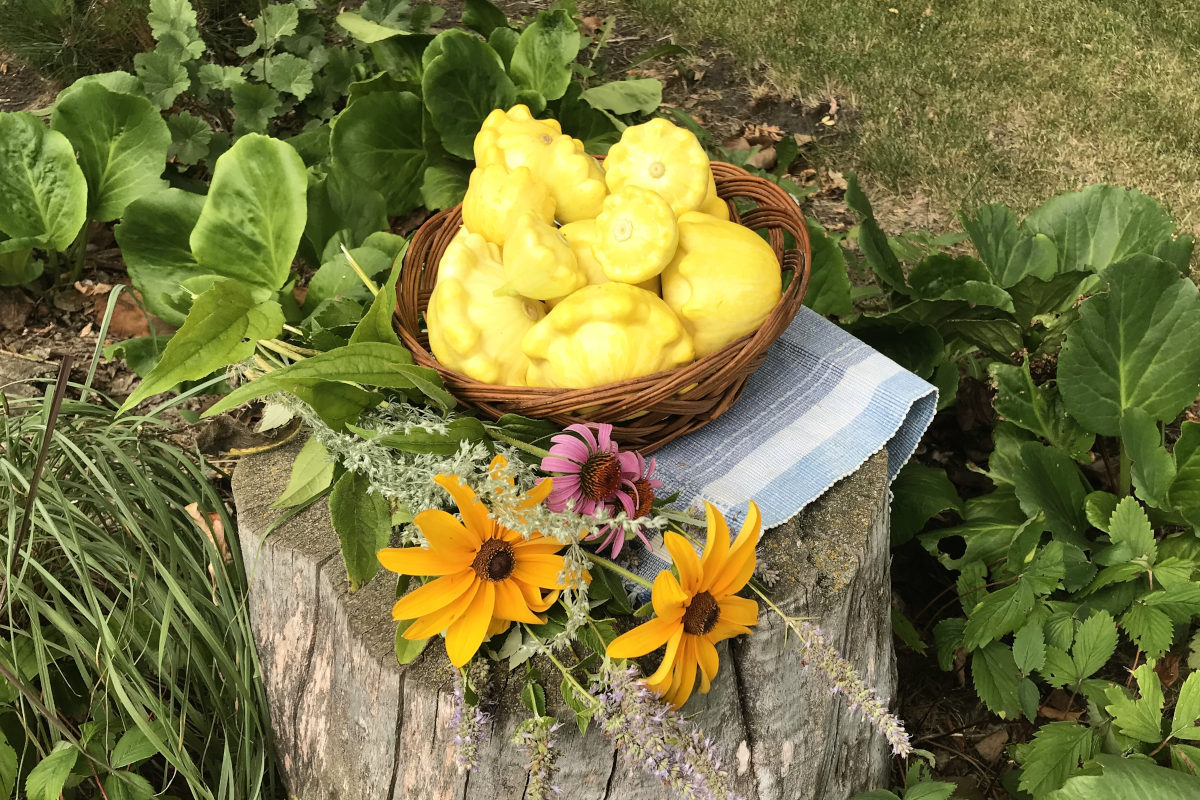 Pattison Golden Marbre scallop summer squash in a basket on a place mat on a stump with a wildflower bouquet.