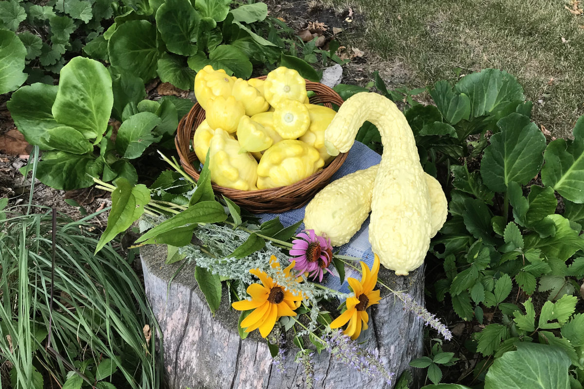 Summer squash in a basket on a place mat on a stump with a wildflower bouquet